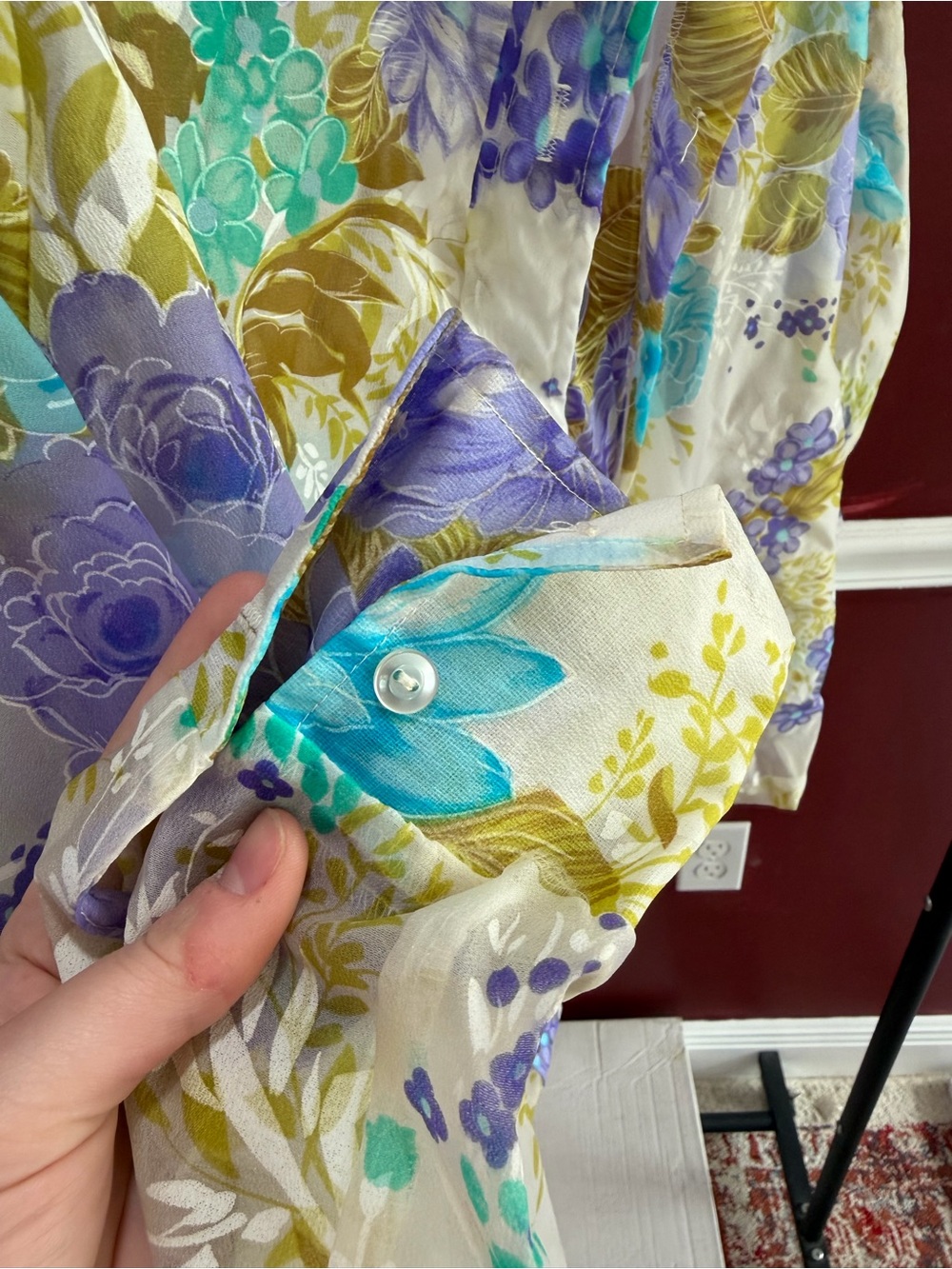 Floral Button-Up Sheer Blouse in Lavender & Aqua - Picture 2 of 6